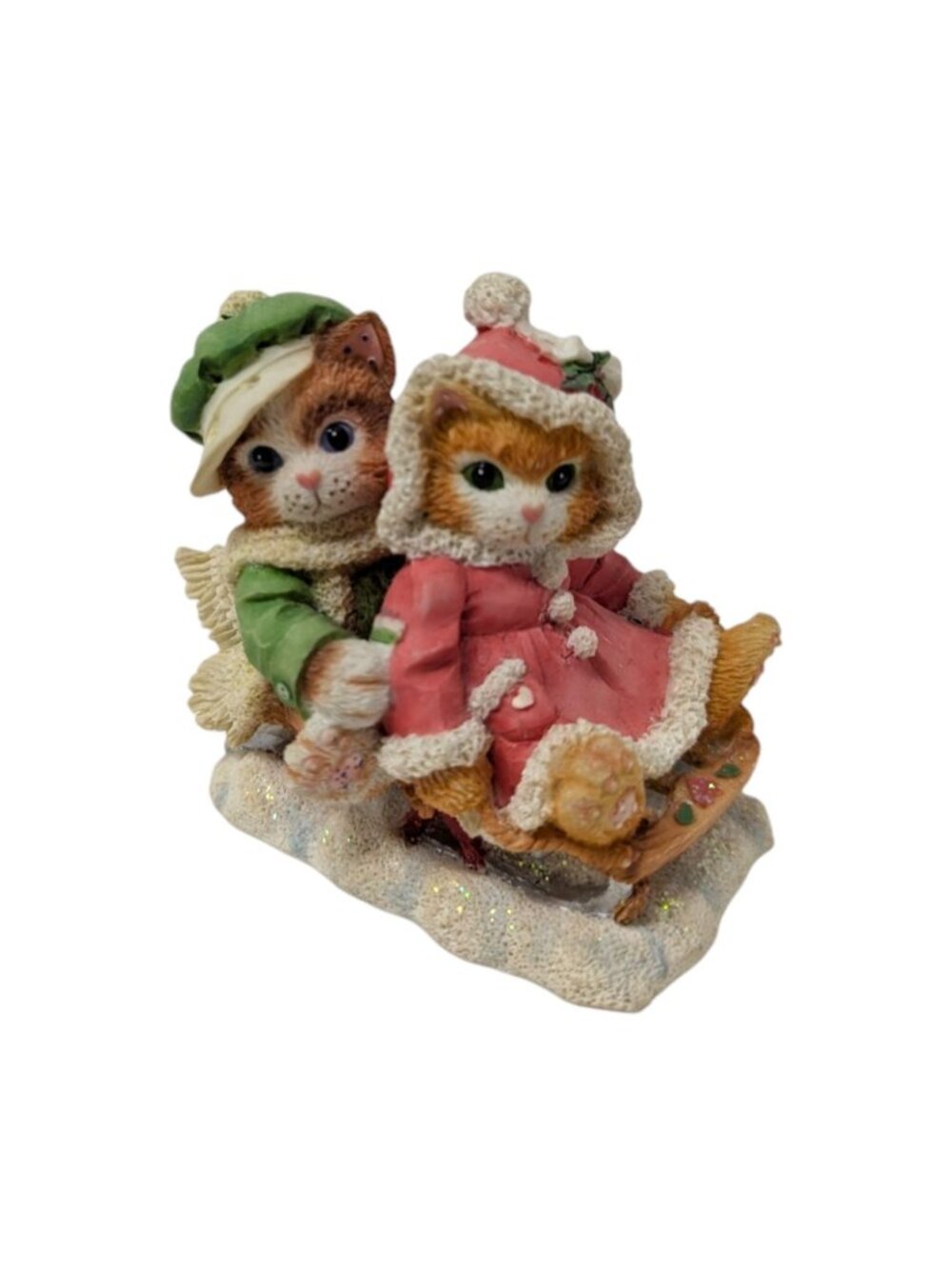 Vintage 1995 Enesco Calico Kittens Silver Bells Green Red Christmas Kittens Sled